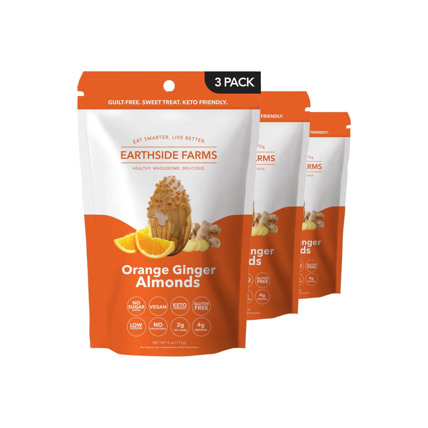 Earthside Farms Orange Ginger Almonds 4oz (3 Pack), Healthy Snack, Keto-Friendly, Vegan, Gluten Free, No Added Sugar, Non-GMO, Guilt-Free Snack, Clean Ingredients, Snack Packs
