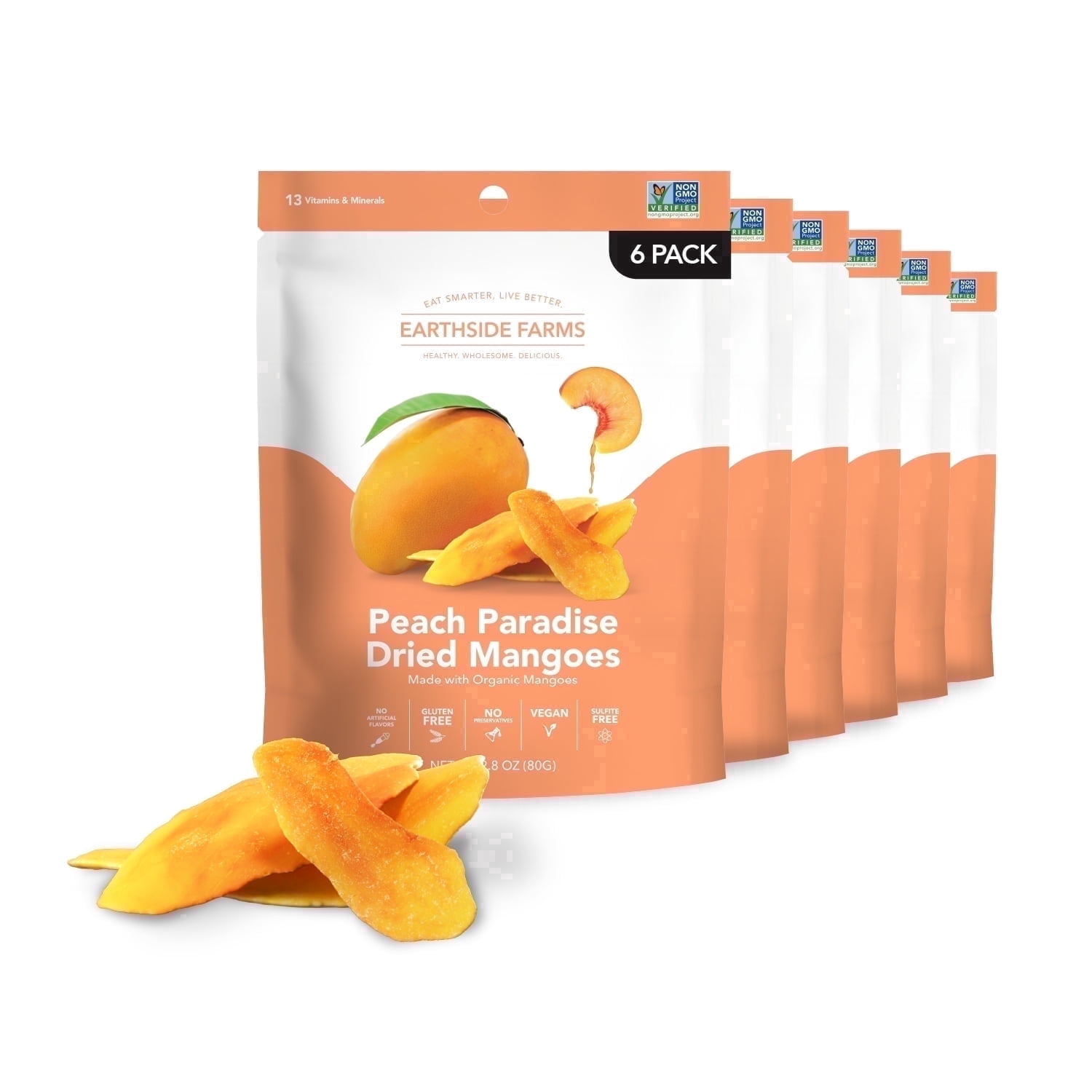 Earthside Farms Peach Paradise Dried Organic Mangoes, Dried Fruit 2.8 oz, 6 Pack