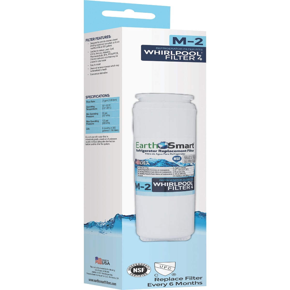 EarthSmart M-2 Refrigerator Replacement Filter - 300 Gal Capacity - Compatible With Maytag, Whirlpool
