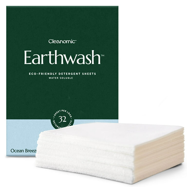 earthwash Laundry Detergent Sheets Ocean Breeze - 32 Sheets (Up to 64 Loads) Hypoallergenic Detergent Strips, Ideal for Travel Home Biodegradable