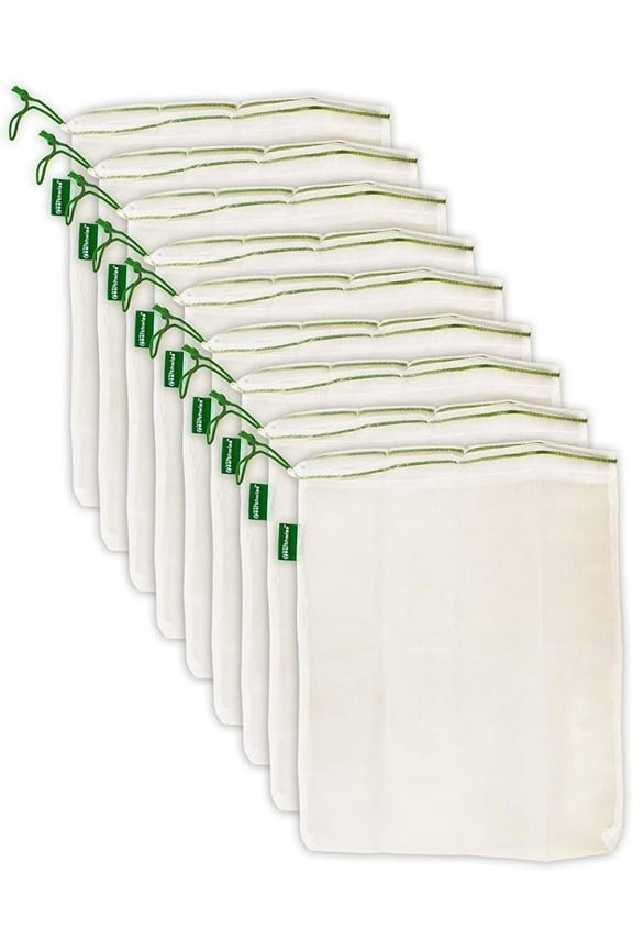 Reusable Mesh Produce Bags - Washable Set of 9 Premium Bags, TRANSPARENT Lightweight, Strong SEE-THROUGH Mesh for shopping, transporting and storing fruits and veggies.