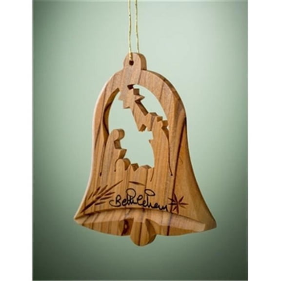 Earthwood 166717 Olive Wood Ornament - Bell with Nativity - 3 in.
