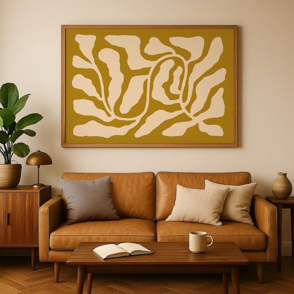 Earthy Abstract Wall Art Horizontal, Mustard Yellow Minimalist Line Art, Mid Century Modern Wall Decor, Boho Art Home Decor #3876, Stretched Canvas Size 12x18