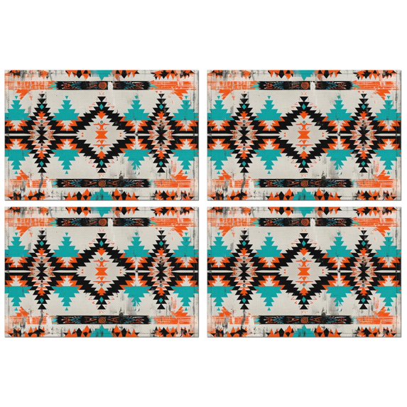 Earthy Bohemian Flax Table Mats Set of 4, 12x18 Inch Washable Tribal Style, Rustic Vintage Decor for Nordic Style Farmhouse Kitchen and Dining Room