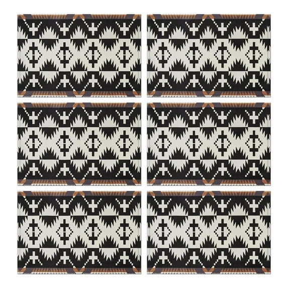 Earthy Boho Flax Placemats Set of 6, 12x18 Inch Tribal Rustic Style Table Mats, Washable Vintage Artistic Decor for Classic Ethnic Kitchen or Dining Room Setting