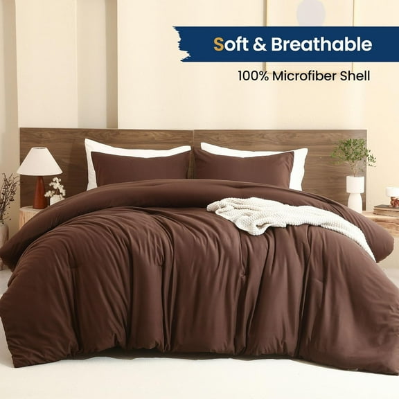 Earthy Brown Comforter Full Size, Neutral 3 Pieces Comforter Set, Lightweight Solid Bedding Set, All Seasons Soft Fluffy Full Comforter Set (80x90In Comforter & 2 Pillowcases)