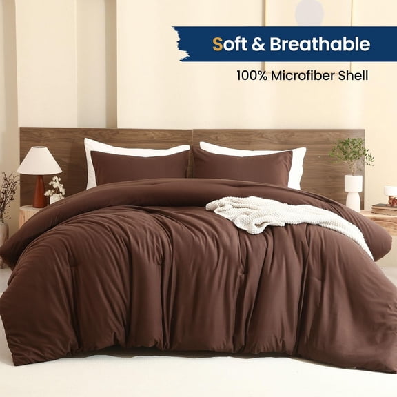 Earthy Brown Queen Comforter Set - 3 Piece Lightweight Soft Fluffy Bedding with 2 Pillowcases