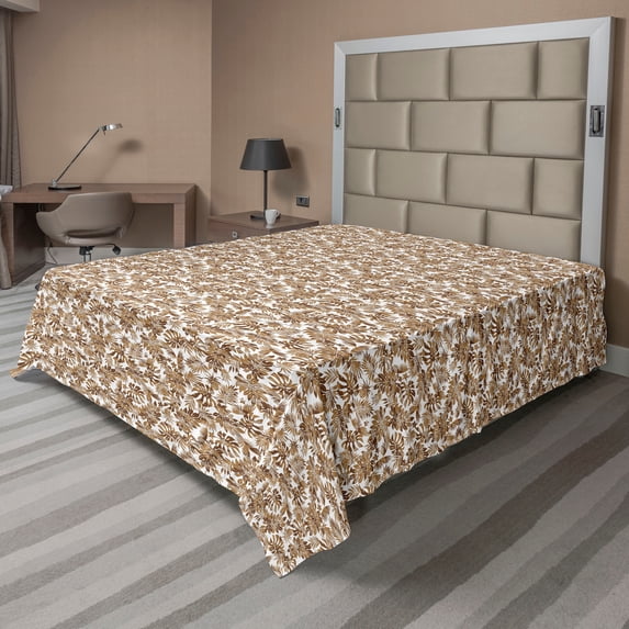 Ambesonne Earthy Colors Flat Bedding Sheet Soft Top Sheet, Leafy Monstera Print, Queen, Caramel Warm Taupe and White