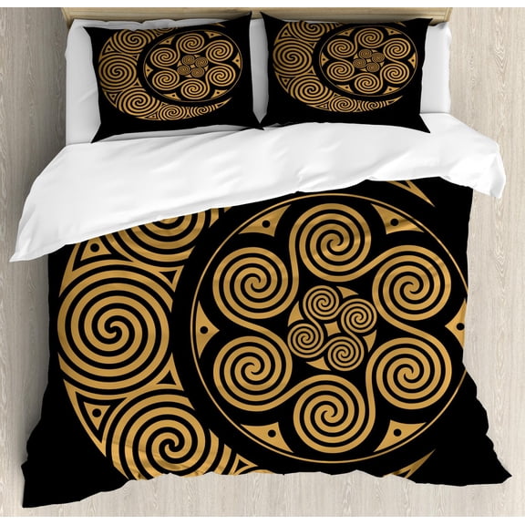 Earthy Duvet Cover Set Queen Size, Celtic Moon and Sun with Spiral Motifs Esoteric Bohemian Spiritual Symbol, Decorative 3 Piece Bedding Set with 2 Pillow Shams, Black Pale Orange, by Ambesonne