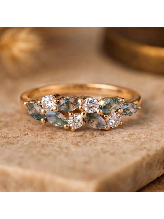 Earthy Elegance Lab-Created Moss Agate and Moissanite Botanical Cluster Ring, Yellow Gold Plated 925 Sterling Silver Vintage Boho Promise Ring