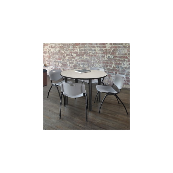 Earthy Elements Maple and Black Round Breakroom Table with 4 Grey 'M' Stack Chairs Providing Natural Inspired Design and Practical Seating