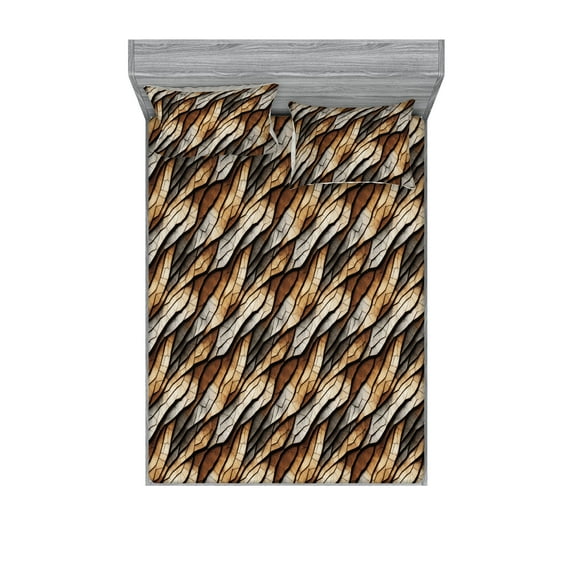 Earthy Fitted Sheet & Pillow Sham Set, Old Weathered Cracked Tree Trunk Look Artwork Modern Minimal Neutral Print, Decorative Printed 3 Piece Bedding Decor, Full, Brown Beige and Grey, by Ambesonne