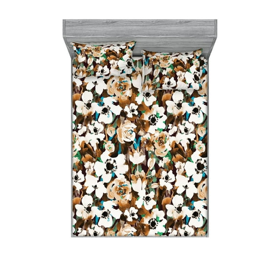 Earthy Flowers Fitted Sheet & Pillow Sham Set, Rose and Anemone in Watercolor Style with Green and Blue Details, Decorative Printed 3 Piece Bedding Decor, Full, Ginger Chocolate White, by Ambesonne
