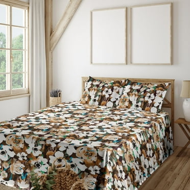 Earthy Flowers Sheet Set, Rose and Anemone in Watercolor Style with Green and Blue Details, Fitted & Flat Sheet with Pillowcase Bedding Accent 4 Pcs Set, King, Ginger Chocolate White, by Ambesonne