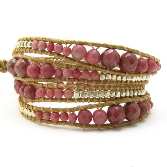 Earthy Gems Pink Rhodonite Stone Snake Cord Leather Wrap Bracelet