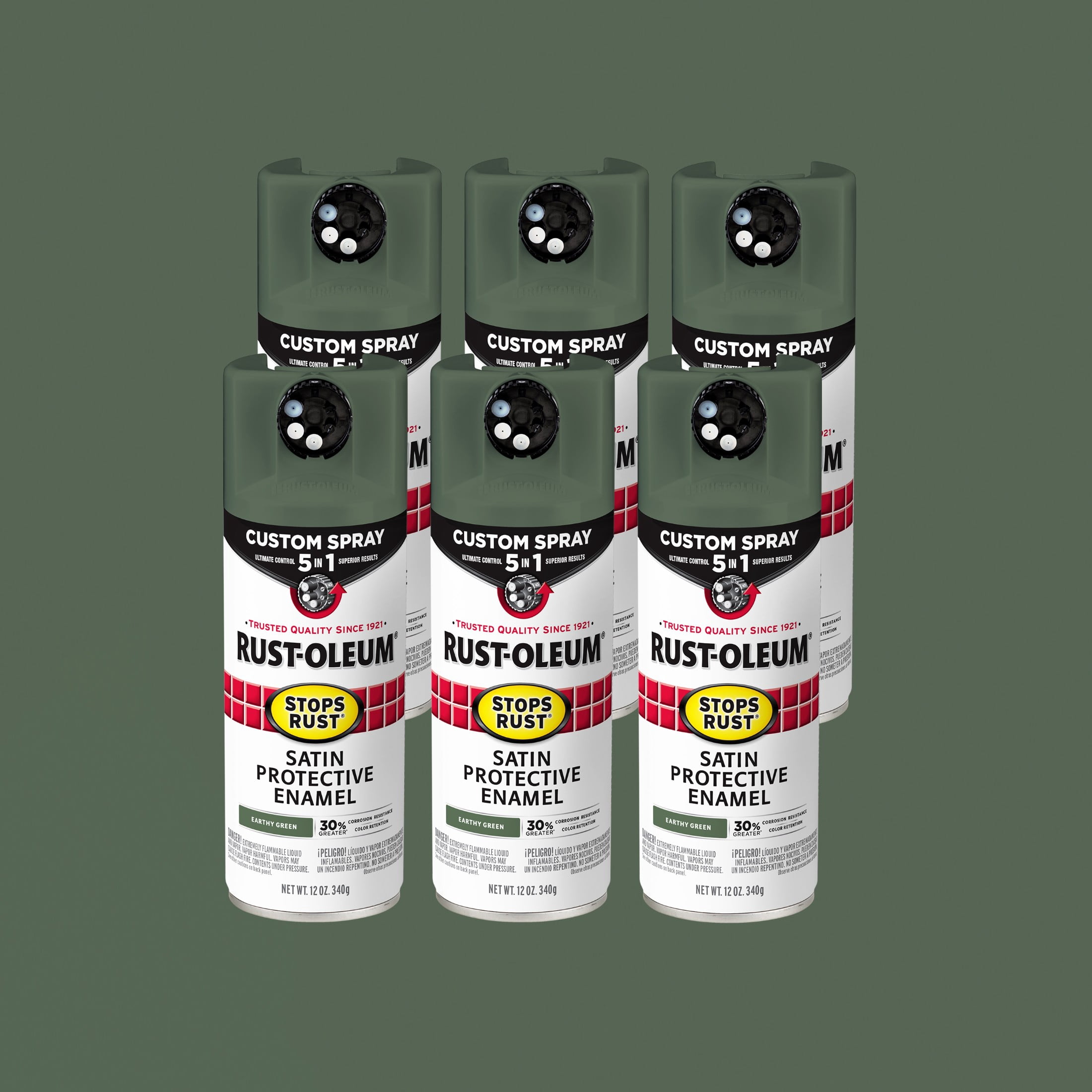 6 Pack, Earthy Green, Rust-Oleum Stops Rust Custom Spray 5 in 1
