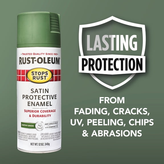 Earthy Green, Rust-Oleum Stops Rust Protective Enamel Satin Spray Paint-369192, 12 oz