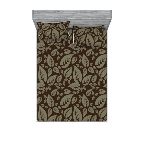 Earthy Leaves Fitted Sheet & Pillow Sham Set, Woodland Boho Design Fall Themed Leaf Prints Cottagecore Art, Decorative Printed 3 Piece Bedding Decor, Queen, Dark Cocoa Peacock Green, by Ambesonne