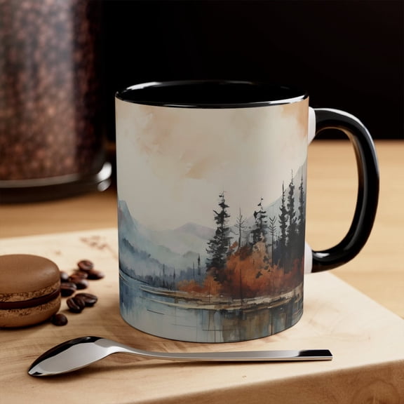 Earthy Mountain Scene Mug: Rustic Pine Forest Coffee Cup