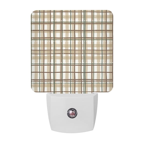 Earthy Plaid Grid Night Lights, Rustic Vintage Gingham Brown Beige Green Line Smart Auto Dusk to Dawn Sensor Nightlights Plug-in Nightlight for Bedroom Bathroom Living Room Kitchen Hallway