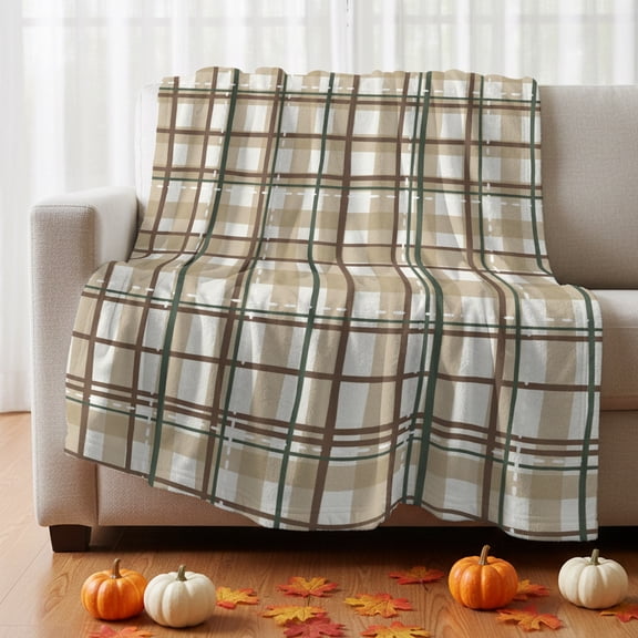 Earthy Plaid Grid Throw Blanket for Bed Couch Sofa, Rustic Vintage Gingham Brown Beige Green Line Soft Cozy Flannel Fuzzy Throw Blanket for Bedroom Office Travel Gift 30x40in
