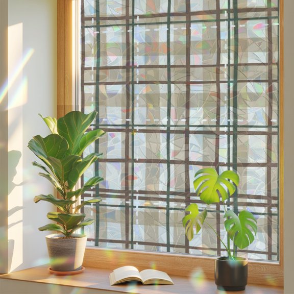 Earthy Plaid Grid Window Privacy Film, Rustic Vintage Gingham Brown Beige Green Line Stained Glass Holographic Film Decorative Window Clings, Static Cling Sun Blocking Stickers 17.7" x 39.3"