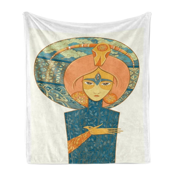 Earthy Soft Flannel Fleece Throw Blanket, Art Illustration of Mother Nature with Plants Clouds Waves of Water and Third Eye, Cozy Plush for Indoor and Outdoor Use, 60" x 80", Multicolor, by Ambesonne