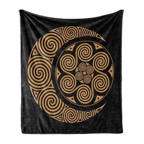 Earthy Soft Flannel Fleece Throw Blanket, Celtic Moon and Sun with Spiral Motifs Esoteric Bohemian, Cozy Plush for Indoor and Outdoor Use, 50" x 70", Pale Orange and Black, by Ambesonne