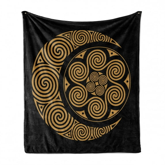 Earthy Soft Flannel Fleece Throw Blanket, Celtic Moon and Sun with Spiral Motifs Esoteric Bohemian, Cozy Plush for Indoor and Outdoor Use, 60" x 80", Pale Orange and Black, by Ambesonne