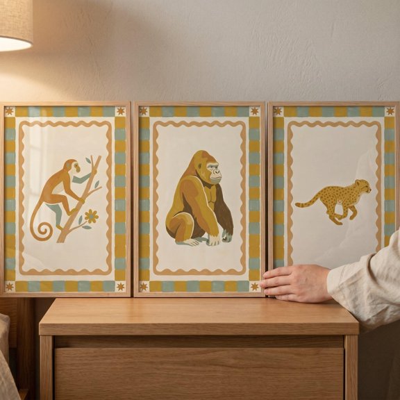 Earthy Star Safari Animal Monkey Cheetah Neutral Safari Nursery Poster, Set 3, Poster Only