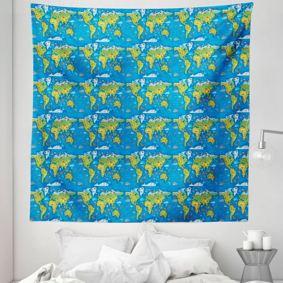 Earthy Tapestry, World Map in Green Shades and Full of Funny Animals Geography Wildlife Theme, Fabric Wall Hanging Decor for Bedroom Living Room Dorm, 5 Sizes, Multicolor, by Ambesonne