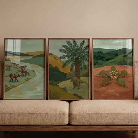 Earthy Tones Landscape Dinosaur Wall Art Set Of 3 Prehistoric Nursery Decor T Rex Triceratops Prints Boys Room Nature Illustration Set 3