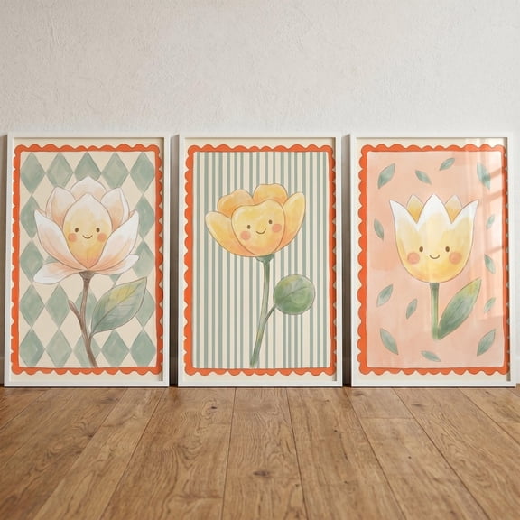 Earthy Tones Smiling Flower Wall Art Set of 3 whimsical nursery decor watercolor floral print cottagecore art 3 piece wall art Set 3