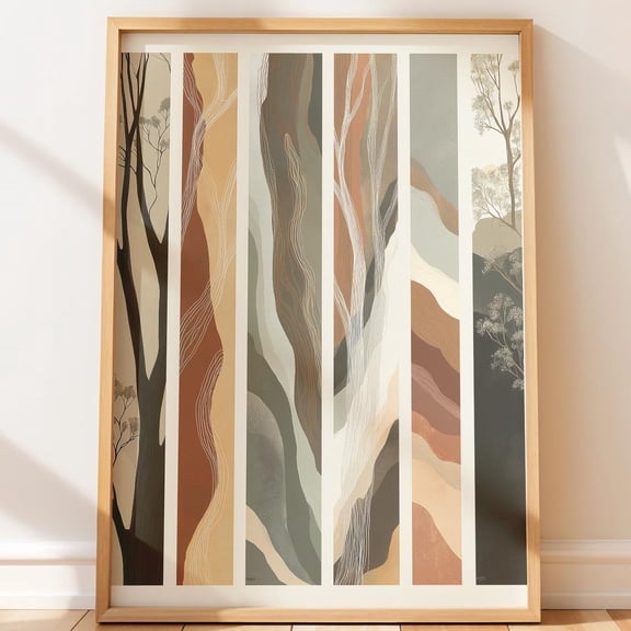 Earthy Vertical Tree Trunks Minimalist Wall Art Print, Modern Boho Style Botanical Decor