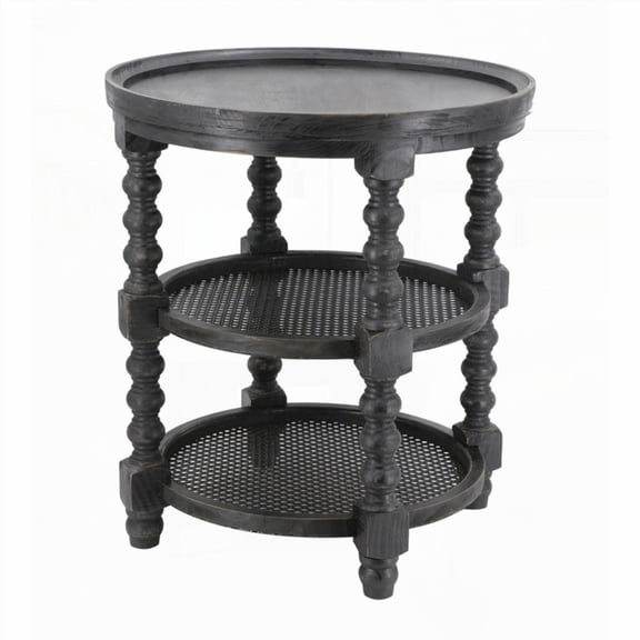 Earthy Wood Round Side Table with Rattan Shelf, Black