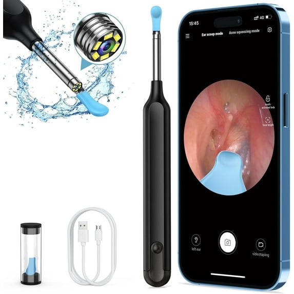 Earwax Camera Otoscope Cleaner, Cordless Ear Wax Removal Kit with Camera, 6 LED Light and 500W HD Endoscope for iPhone & Android Smart Phones, Black