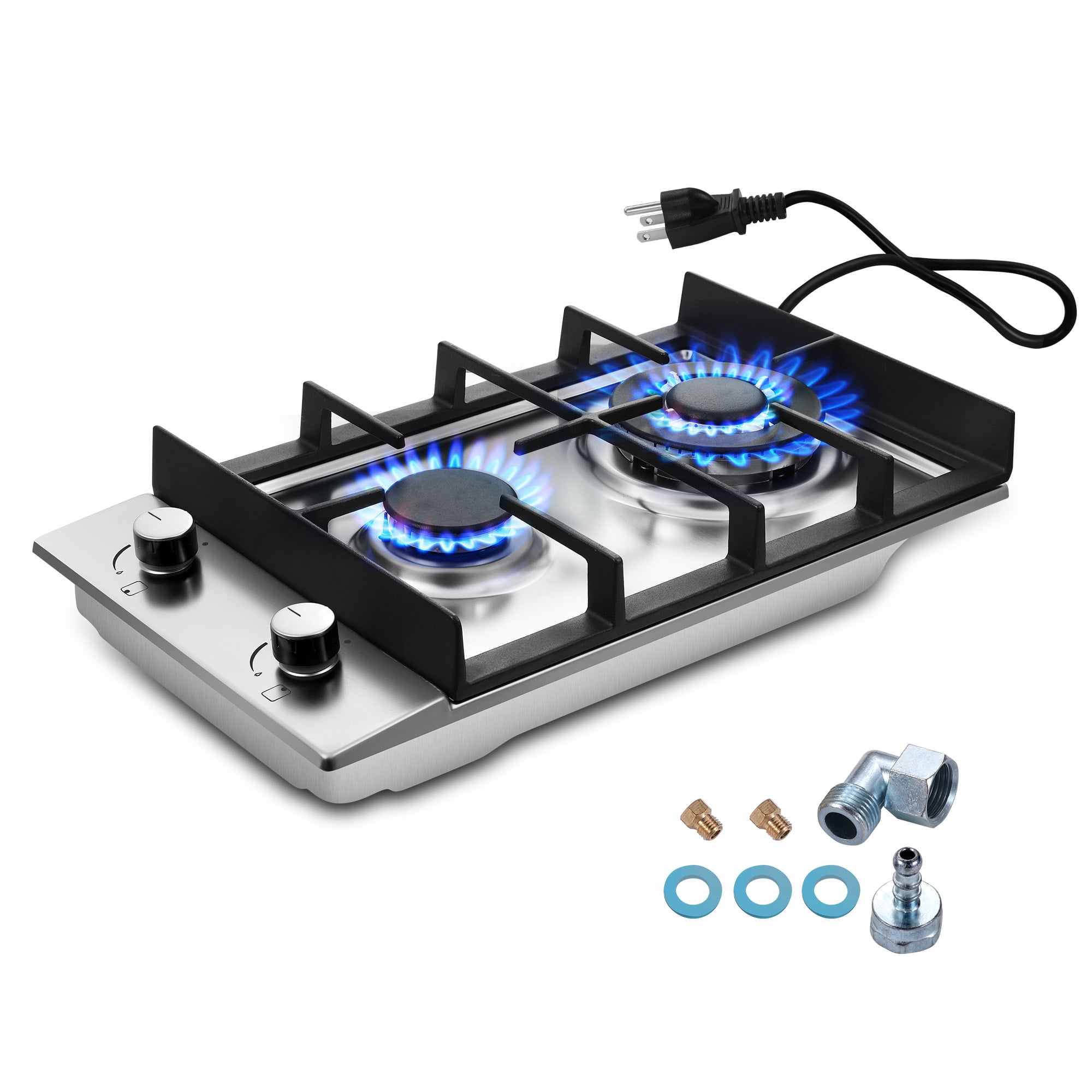 Eascookchef 2-Burners Gas Cooktop 12in Stainless Steel NG/LPG Convertible