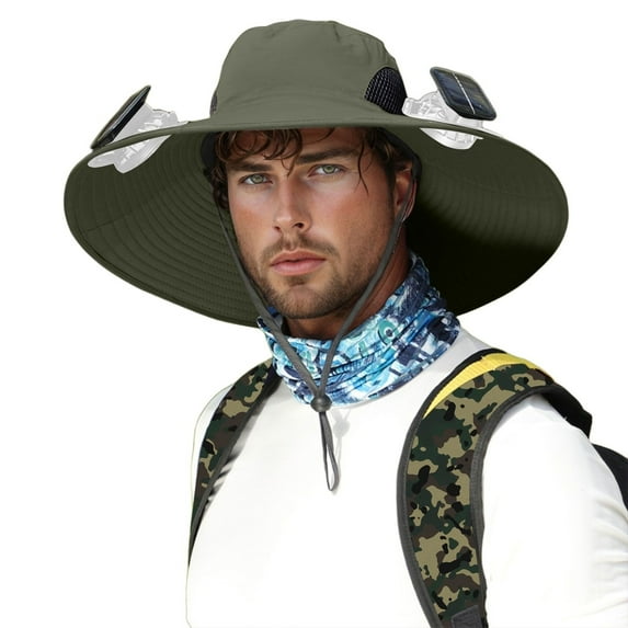 Easdesey Solar Fan Hat for Outdoor Wide Brim UPF 50+ Bucket Hat with Removable USB Charging Fan Beach Fishing & Hiking Gear With 3 Fans Army Green