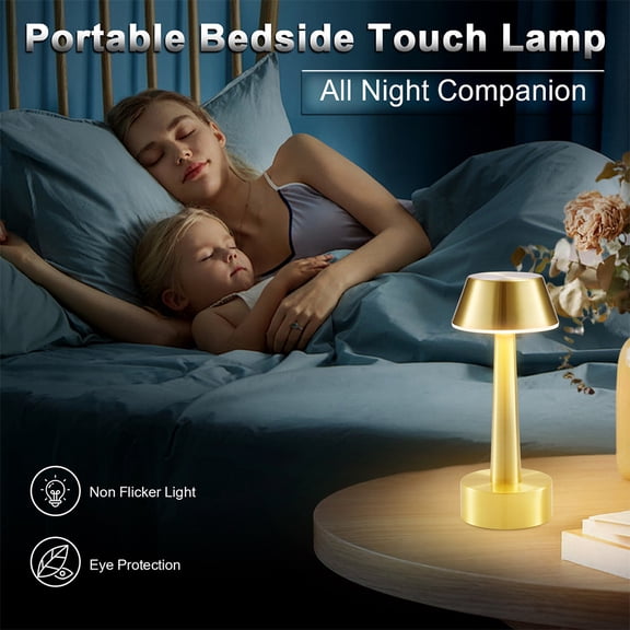 EaseAurica Cordless Small Table Lamp, Rechargeable Battery Operated Touch Lamps, Gold 3-Way Dimmable Metal Portable Bedside Mini Night Light for Home Decor