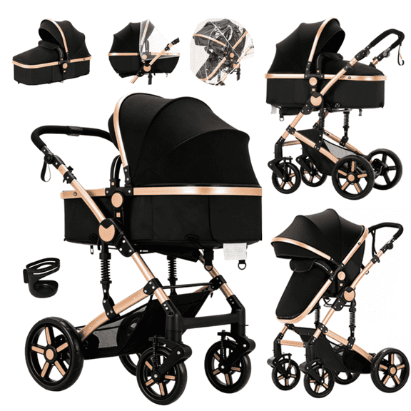 EaseBaby 2-in-1 Baby Stroller,Travel Pushchair, High-View Infant Carriage with Cup Holder, Mosquito Net for 0-36 Months,Unisex,Black Gold