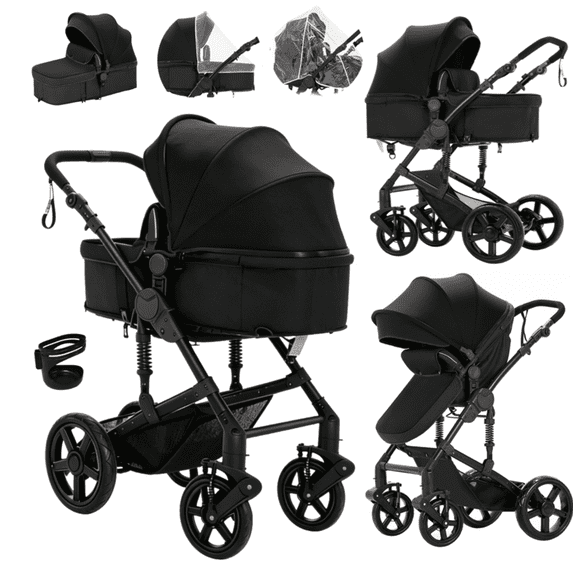 EaseBaby 2-in-1 Baby Stroller,Travel Pushchair, High-View Infant Carriage with with Cup Holder, Mosquito Net for 0-36 Months,Unisex,BLACK