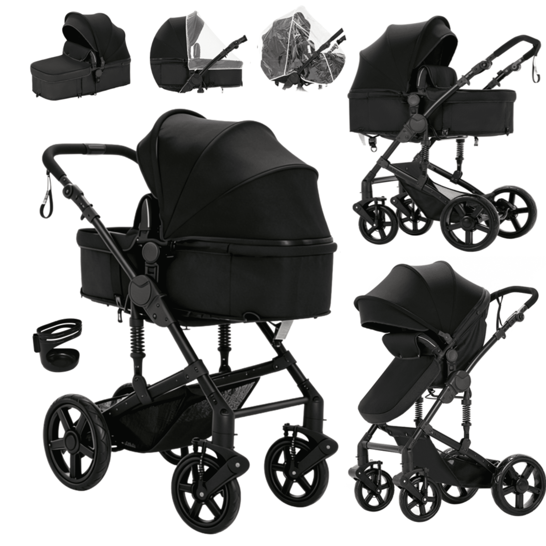 EaseBaby 2-in-1 Baby Stroller,Travel Pushchair, High-View Infant Carriage with with Cup Holder, Mosquito Net for 0-36 Months,Unisex,BLACK