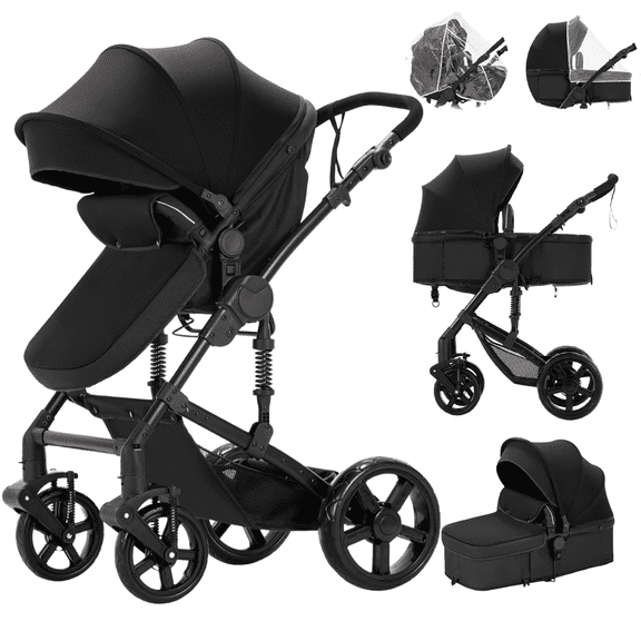 EaseBaby 2-in-1 Baby Stroller,Travel Pushchair, High-View Infant Carriage with with Cup Holder, Mosquito Net for 0-36 Months,Unisex,BLACK