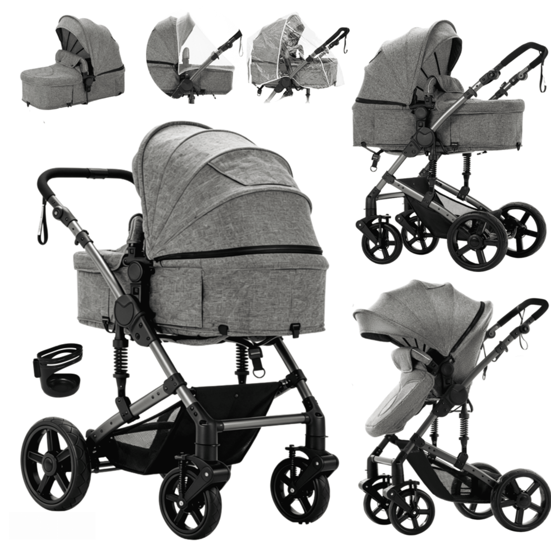 EaseBaby 2-in-1 Baby Stroller,Travel Pushchair, High-View Infant Carriage with with Cup Holder, Mosquito Net for 0-36 Months,Unisex,GRAY