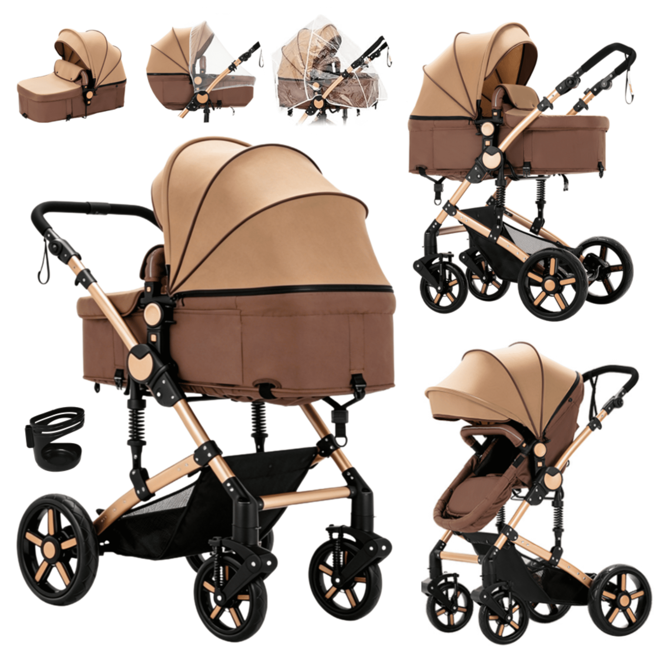 EaseBaby 2-in-1 Baby Stroller,Travel Pushchair, High-View Infant Carriage with with Cup Holder, Mosquito Net for 0-36 Months,Unisex,KHAKI