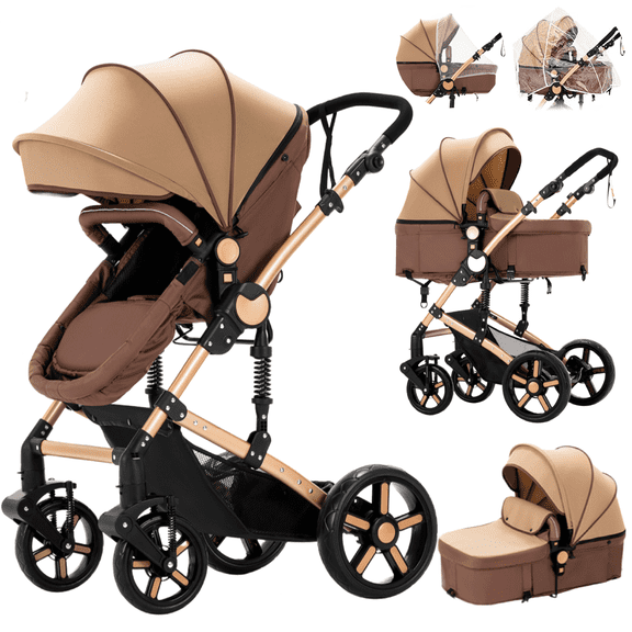 EaseBaby 2-in-1 Baby Stroller,Travel Pushchair, High-View Infant Carriage with with Cup Holder, Mosquito Net for 0-36 Months,Unisex,KHAKI