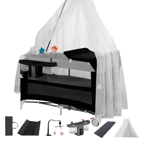 EaseBaby 5-in-1 Convertible Baby Bassinet & Bedside Sleeper,Infant Play Yard with Diaper Changer &Mosquito Net for Newborn,Unisex,GRAY