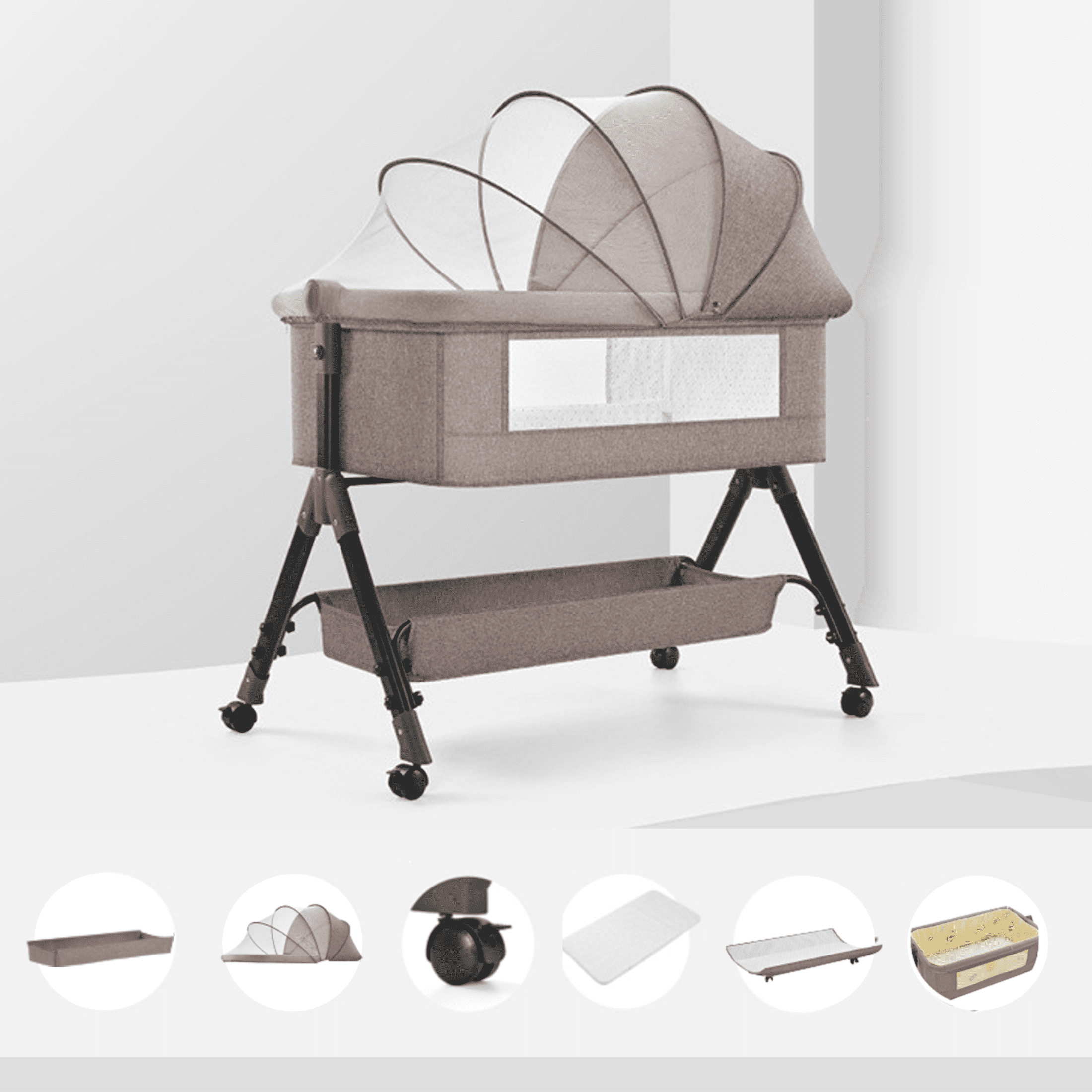 EaseBaby Baby Bassinet, Baby Bedside Sleeper, Convenient Toddler cradle with Changing Table,Mosquito Net for 0-24Months,Unisex,Khaki