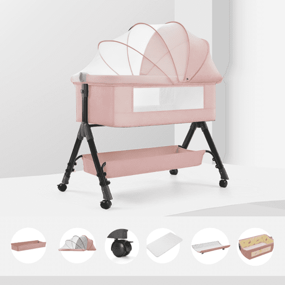 EaseBaby Baby Bassinet,Portable Bedside Sleeper,Rocking Crib with Changing Table,Adjustable Height, Mosquito Net,Unisex,Pink