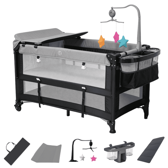 EaseBaby Baby Bassinet, Portable Playard,Infant Crib with Reversible Changing Table for Newborn to Toddlers,Unisex,Gray